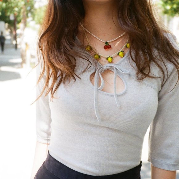 Maryam Nassir Zadeh MNZ Persephone Merino Wool Keyhole Knit Top XS Ice Sky Blue - Picture 2 of 4